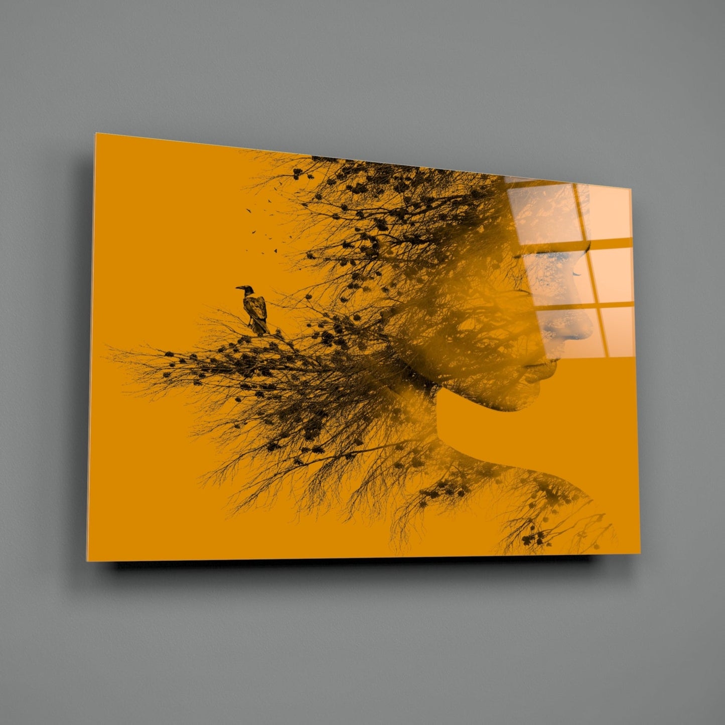 Amber Double Exposure Woman And Bird Glass Wall Art