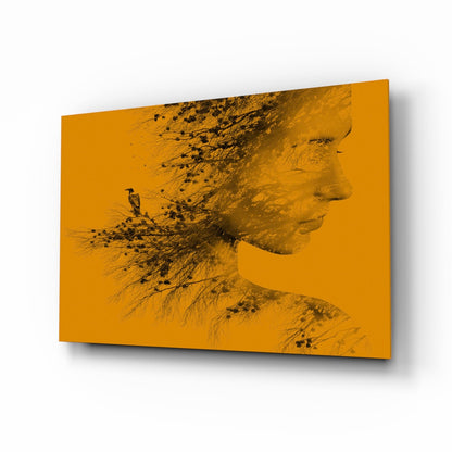 Amber Double Exposure Woman And Bird Glass Wall Art
