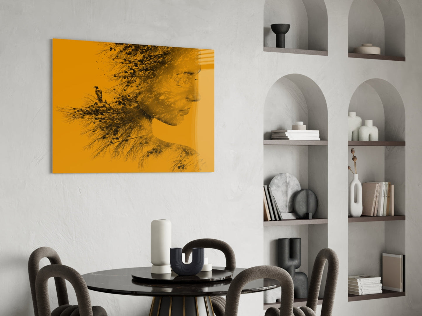 Amber Double Exposure Woman And Bird Glass Wall Art