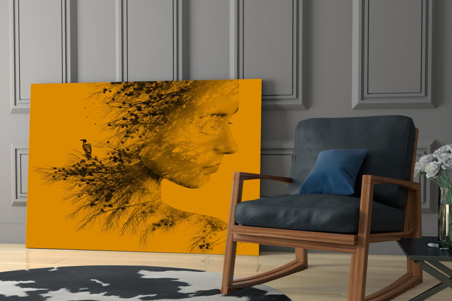Amber Double Exposure Woman And Bird Glass Wall Art