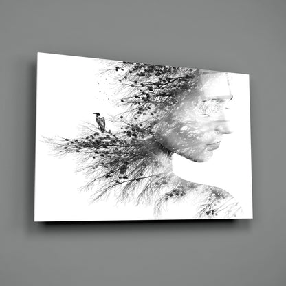 Black And White Tree Branch Woman Profile Glass Wall Art