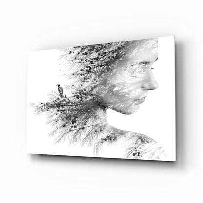 Black And White Tree Branch Woman Profile Glass Wall Art