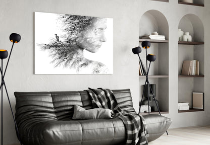 Black And White Tree Branch Woman Profile Glass Wall Art