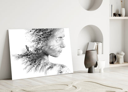 Black And White Tree Branch Woman Profile Glass Wall Art