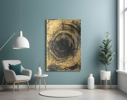 Black Gold Swirl Vortex Glass Wall Art