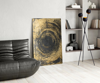 Black Gold Swirl Vortex Glass Wall Art