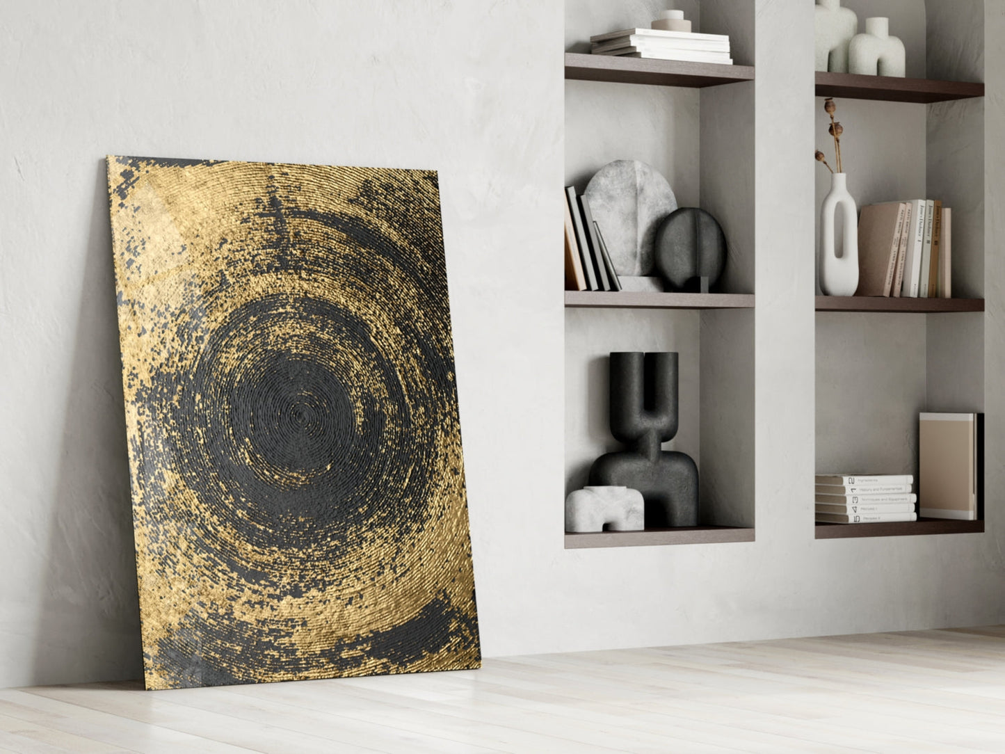 Black Gold Swirl Vortex Glass Wall Art
