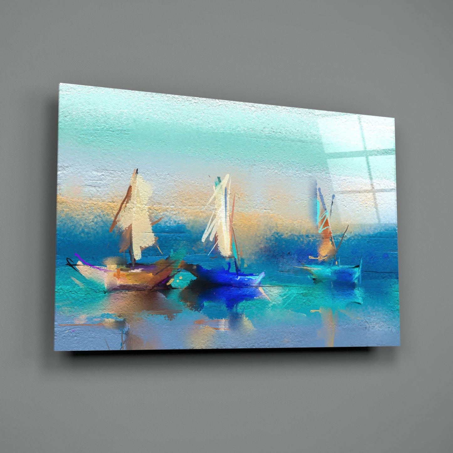 Soft Turquoise Sailboats Impasto Bay Glass Wall Art