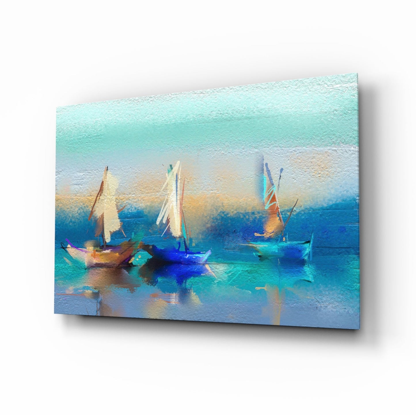 Soft Turquoise Sailboats Impasto Bay Glass Wall Art
