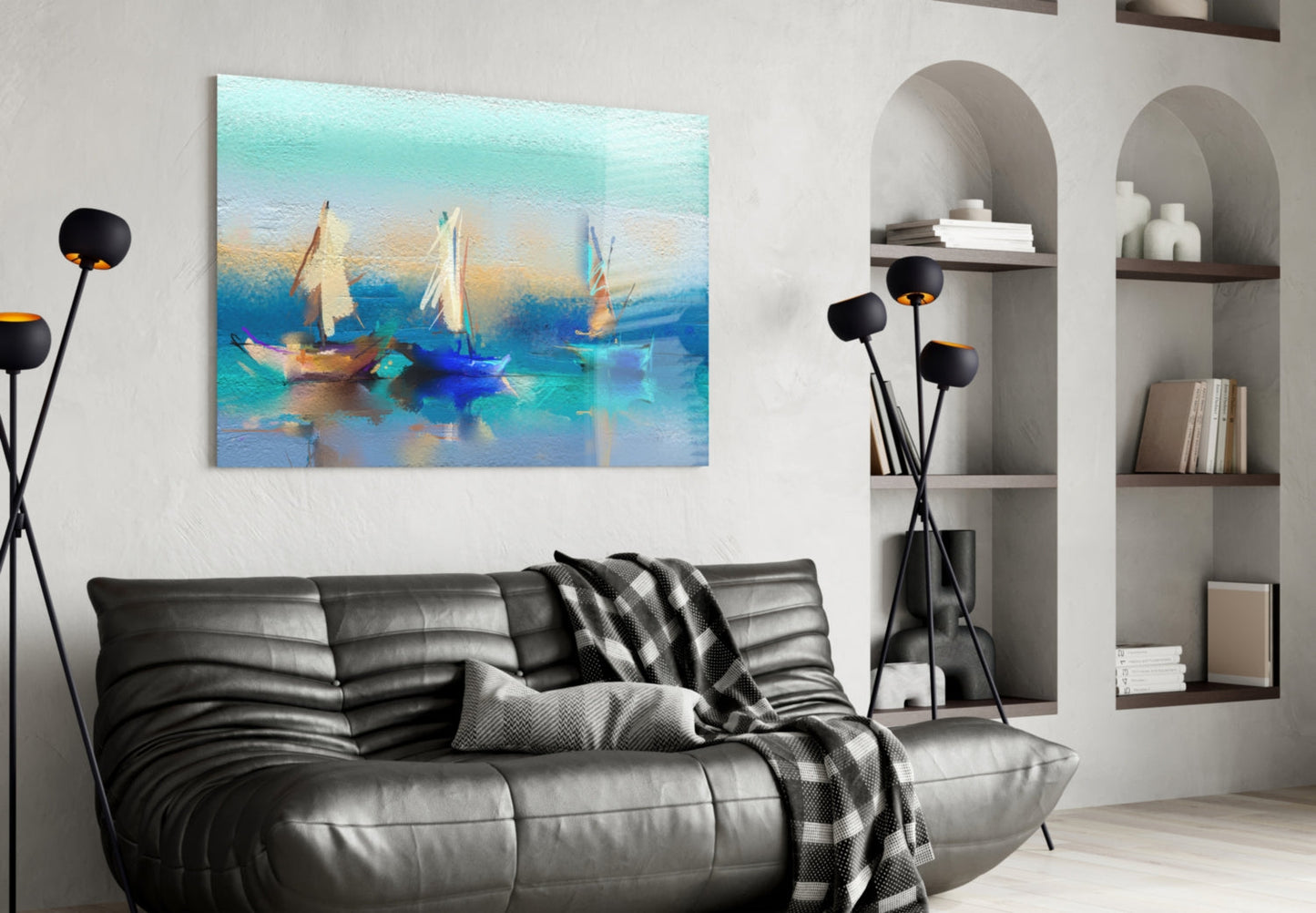 Soft Turquoise Sailboats Impasto Bay Glass Wall Art