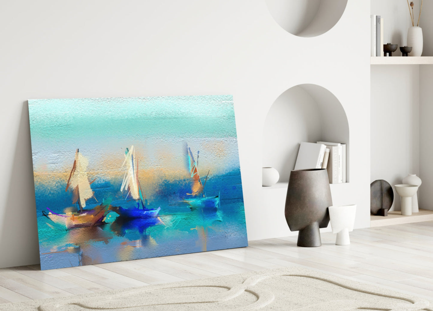 Soft Turquoise Sailboats Impasto Bay Glass Wall Art