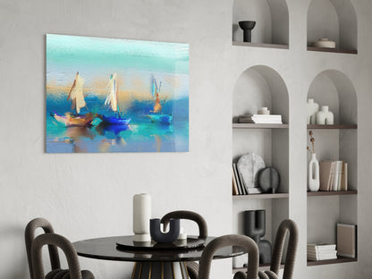 Soft Turquoise Sailboats Impasto Bay Glass Wall Art