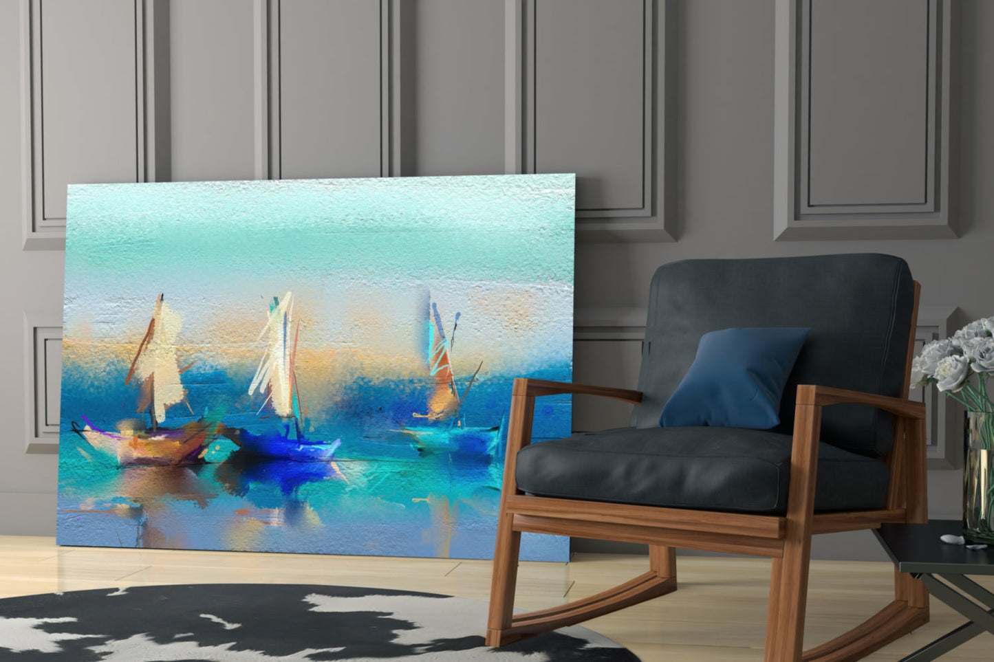 Soft Turquoise Sailboats Impasto Bay Glass Wall Art