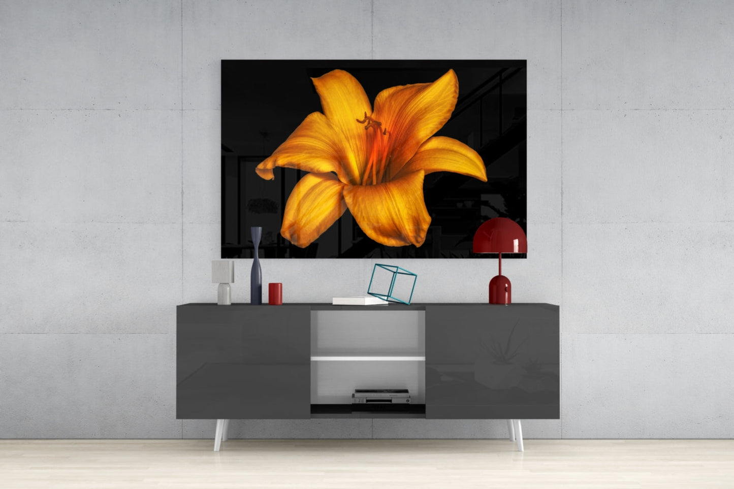 Golden Orange Lily On Black Glass Wall Art