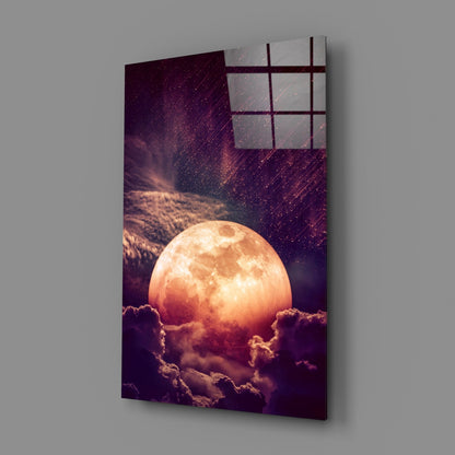 Copper Full Moon Above Clouds Glass Wall Art