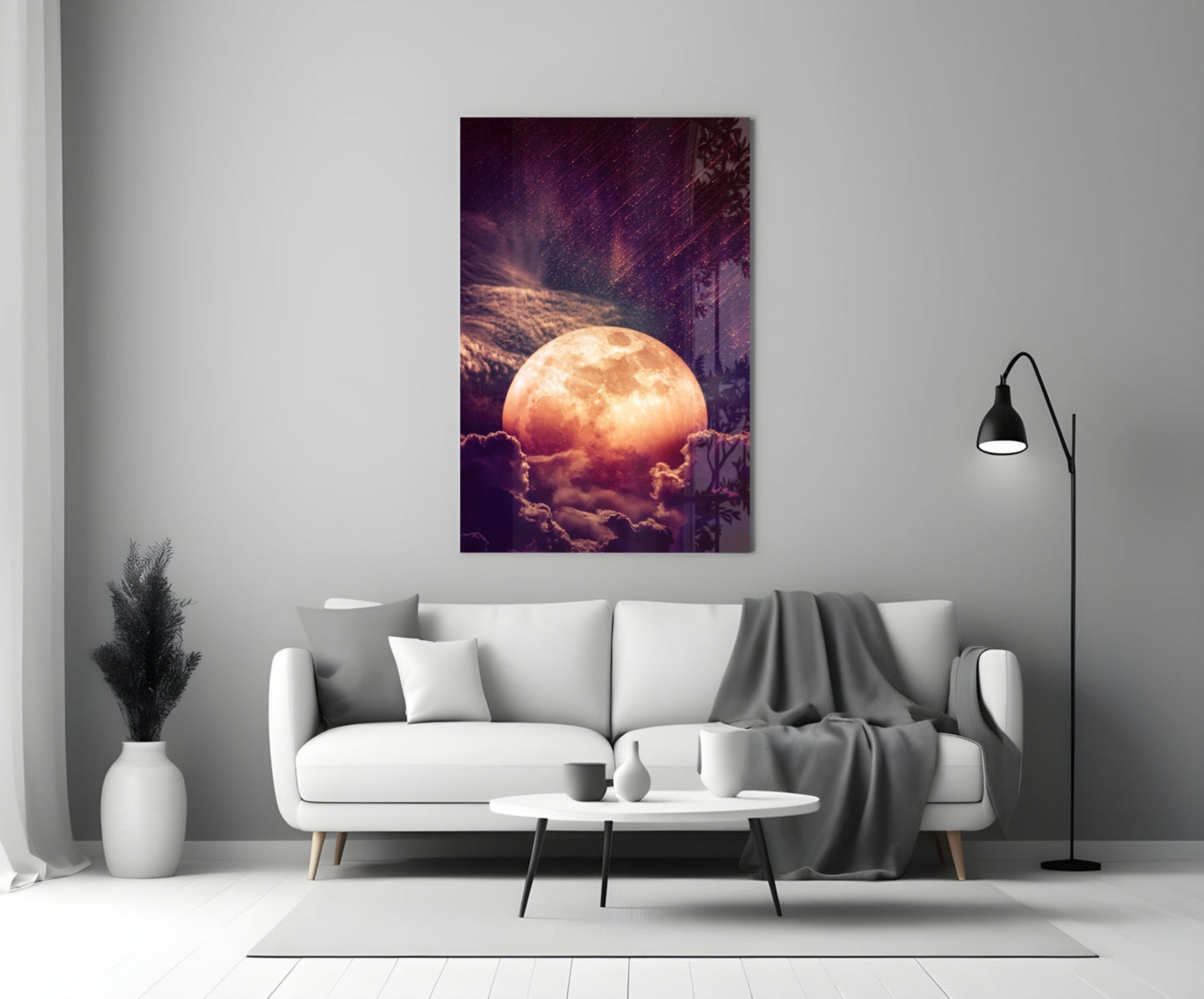 Copper Full Moon Above Clouds Glass Wall Art