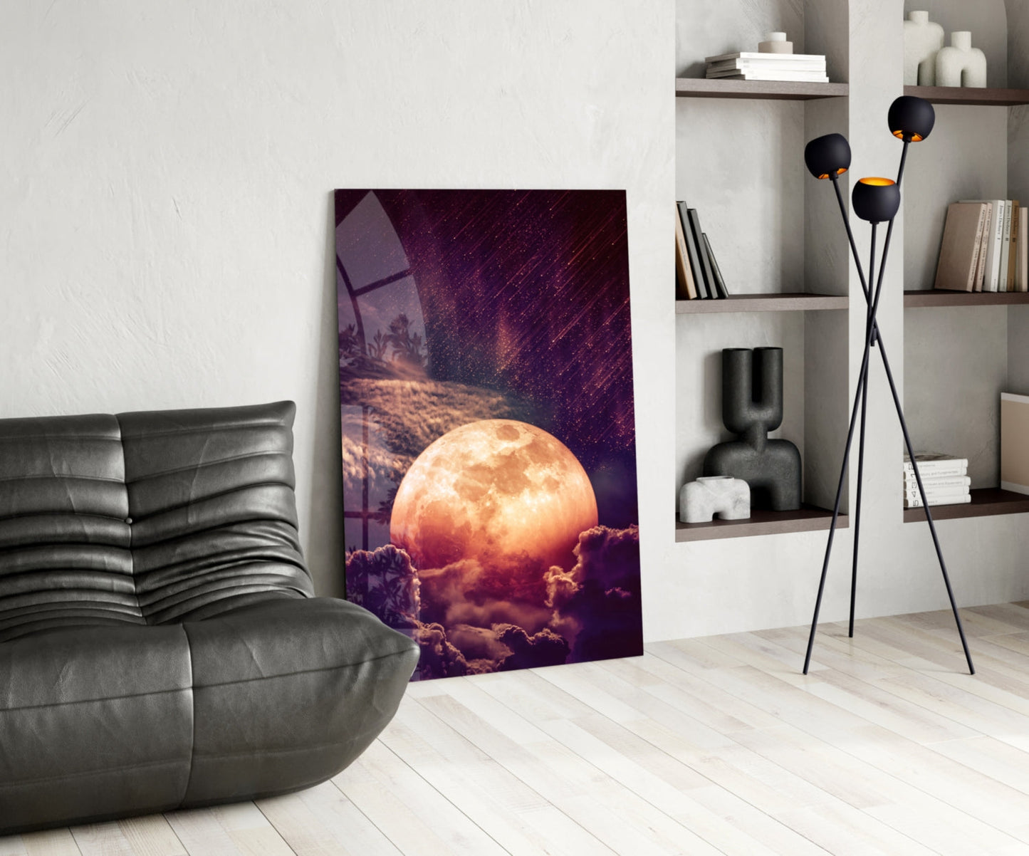 Copper Full Moon Above Clouds Glass Wall Art