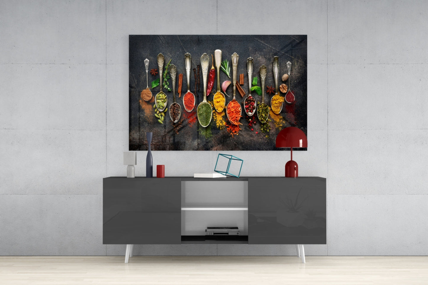 Silver Spoons Row Of Colorful Spices Glass Wall Art