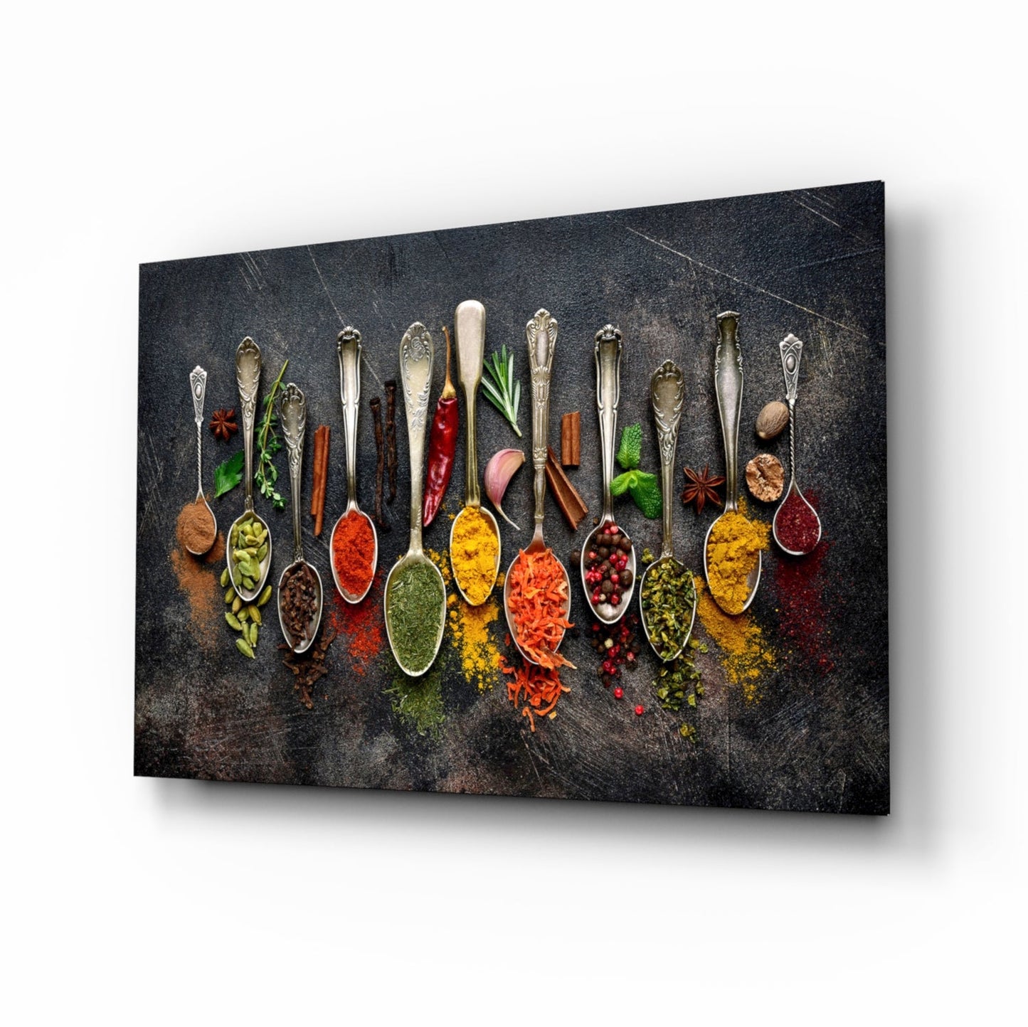 Silver Spoons Row Of Colorful Spices Glass Wall Art