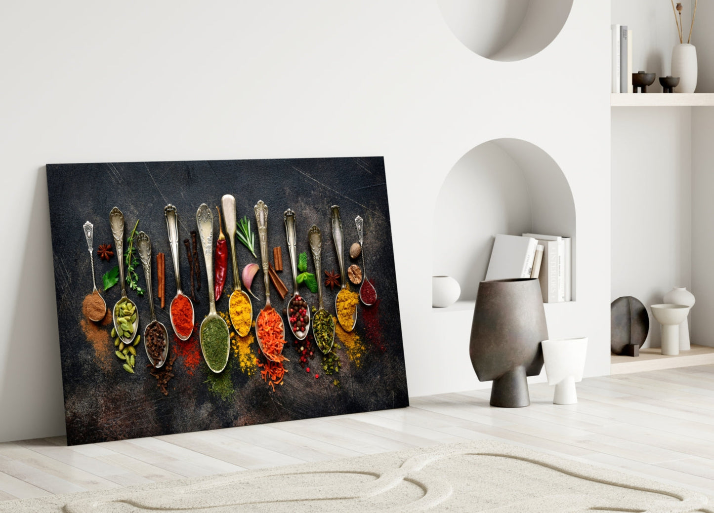 Silver Spoons Row Of Colorful Spices Glass Wall Art