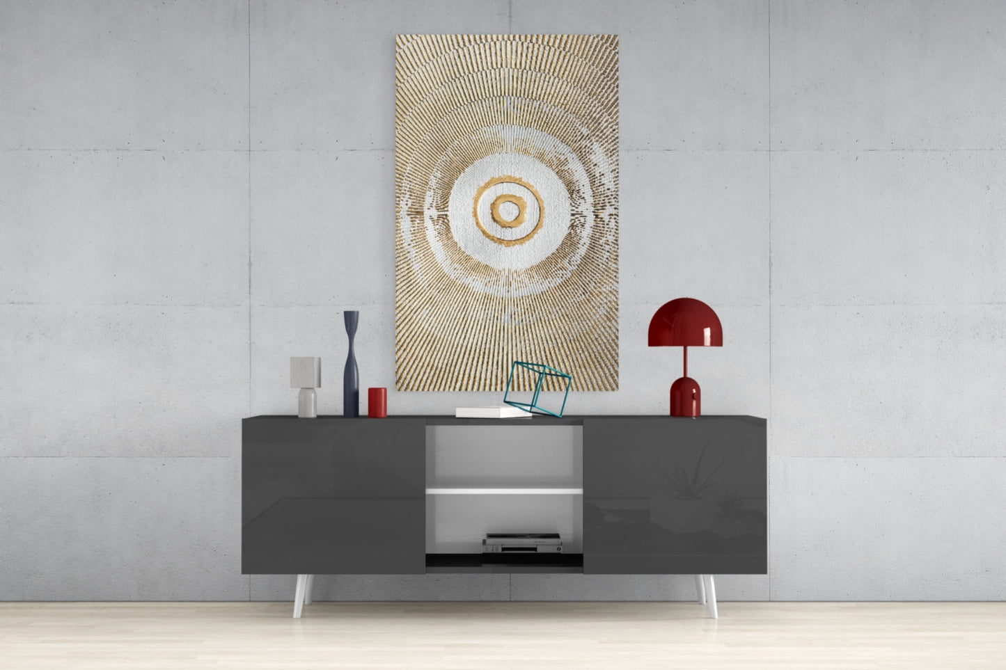 Golden Sunburst Rings Glass Wall Art