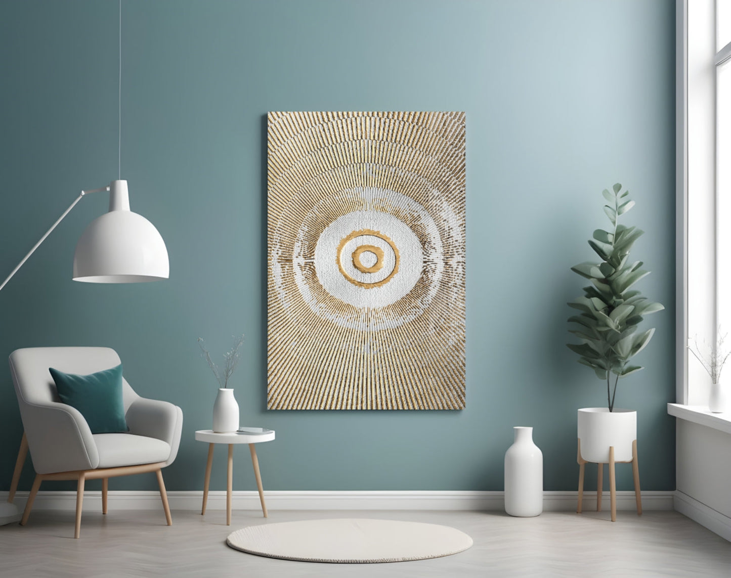 Golden Sunburst Rings Glass Wall Art