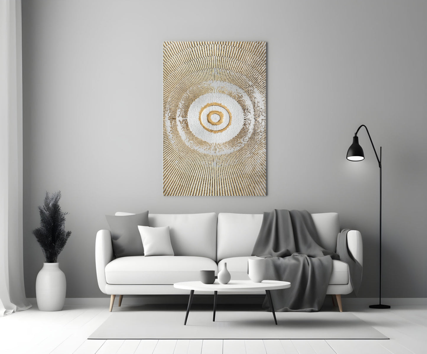 Golden Sunburst Rings Glass Wall Art