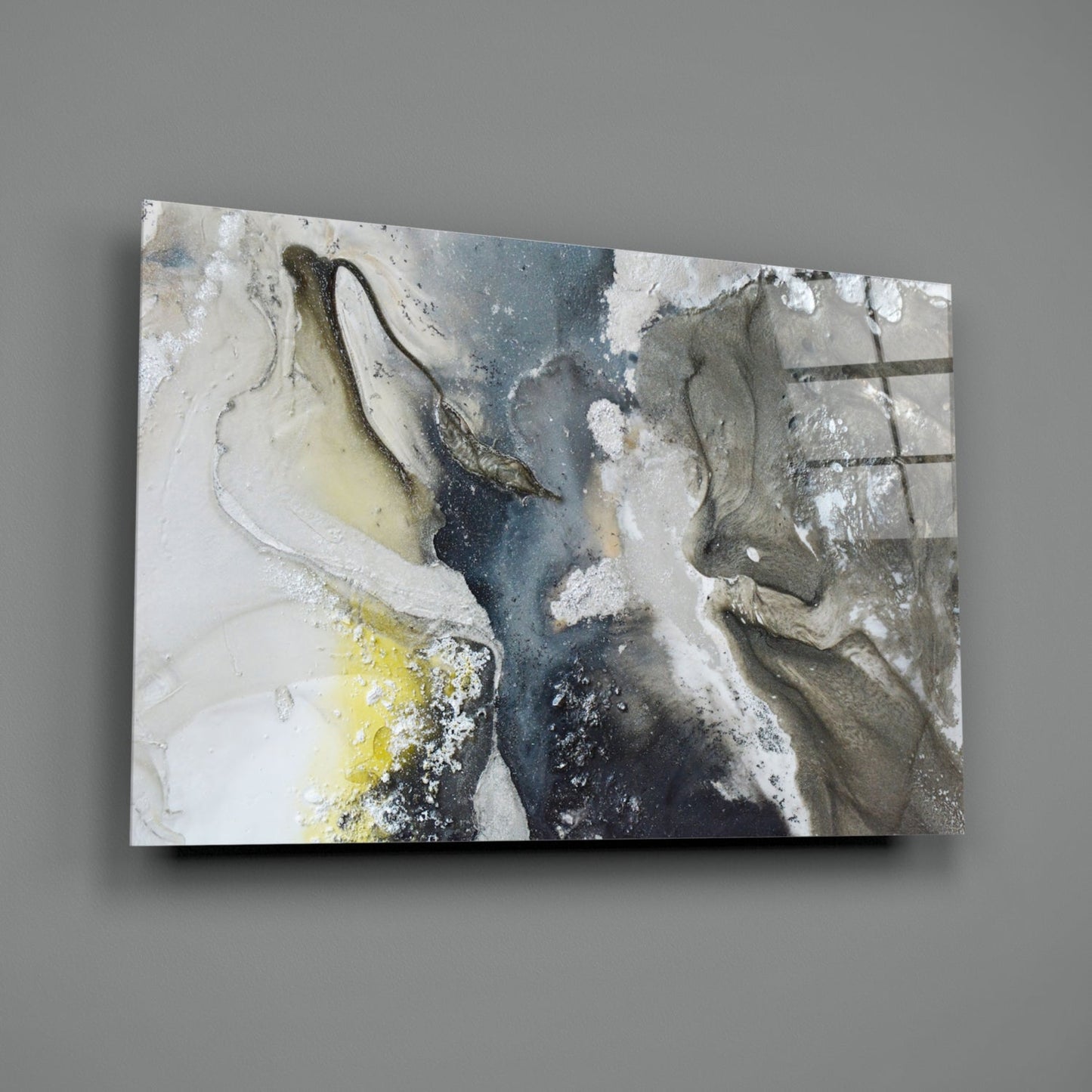 Charcoal And Yellow Ink Swirl Marble Glass Wall Art
