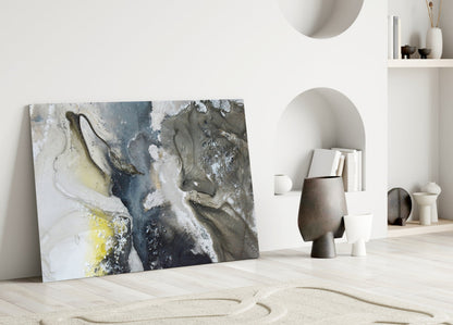 Charcoal And Yellow Ink Swirl Marble Glass Wall Art