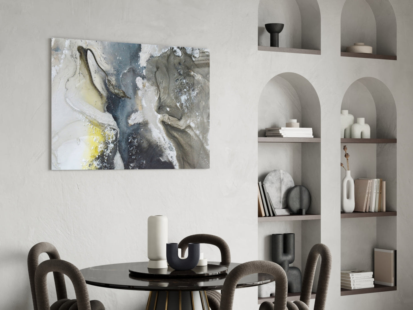 Charcoal And Yellow Ink Swirl Marble Glass Wall Art
