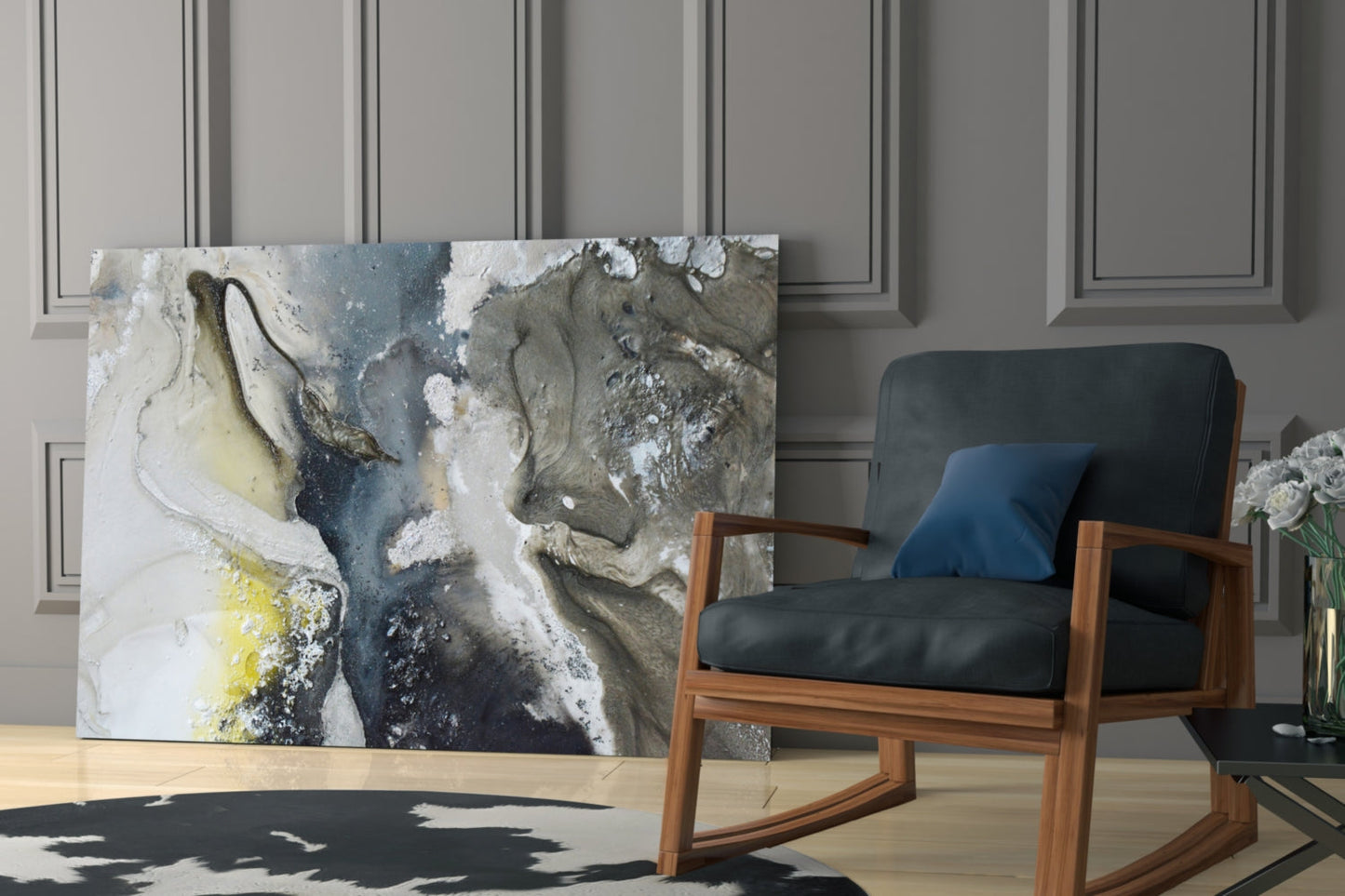 Charcoal And Yellow Ink Swirl Marble Glass Wall Art