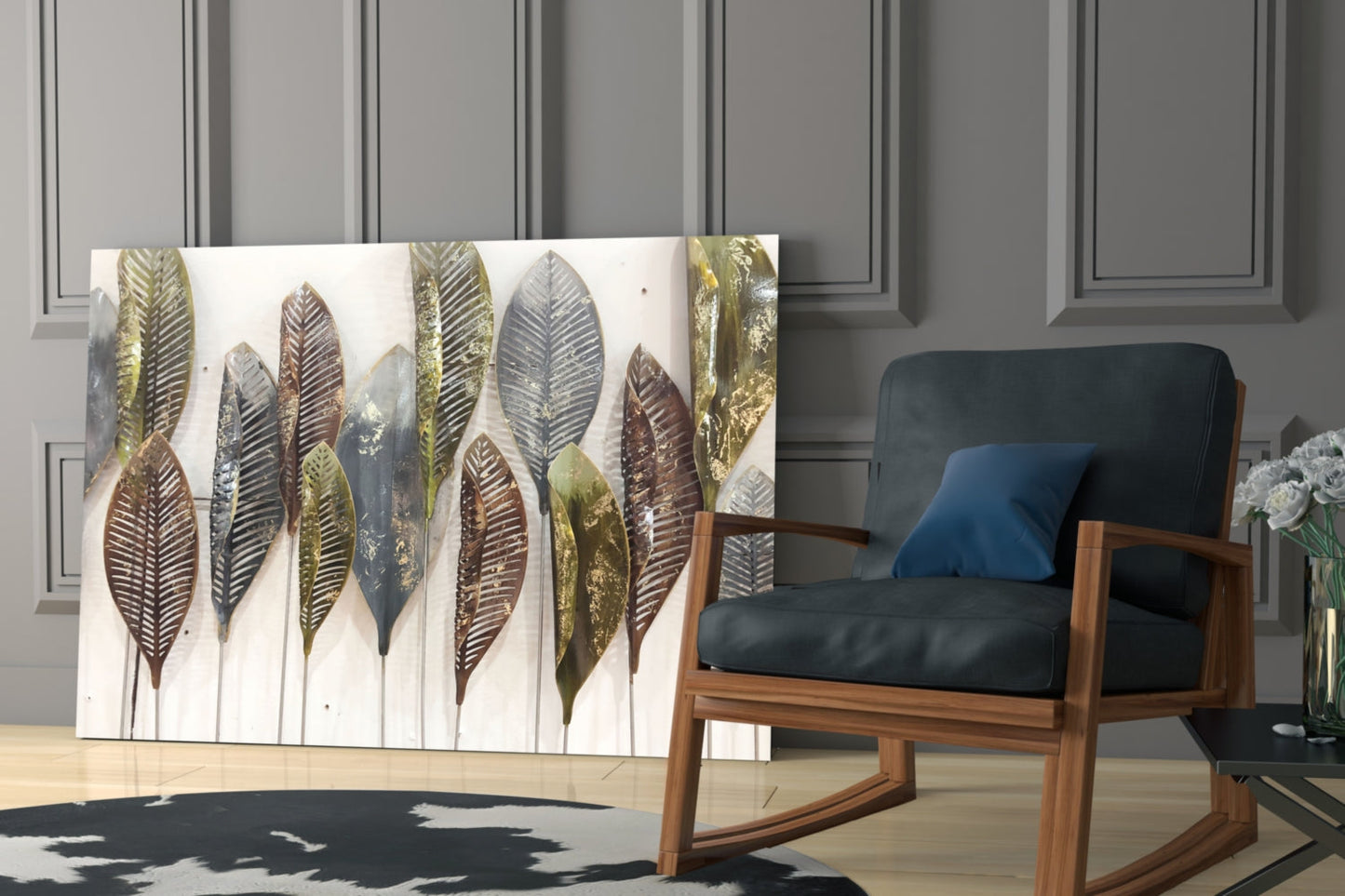 Glass wall art featuring metallic feathers in gold, bronze, and silver tones displayed in modern living room setting.