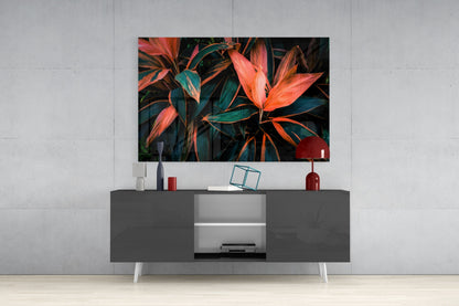 Coral Tropical Leaves Glass Wall Art