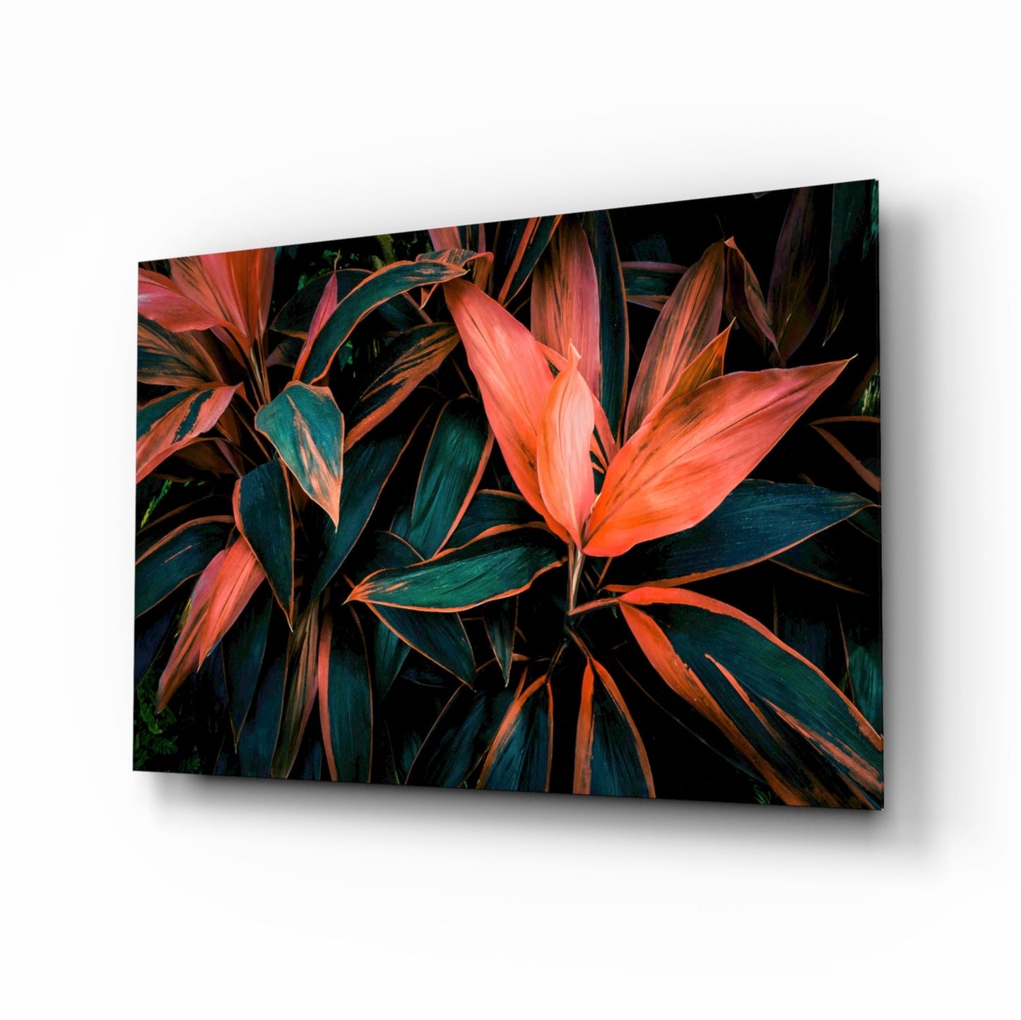 Coral Tropical Leaves Glass Wall Art