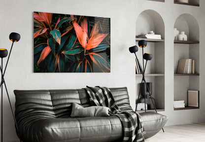 Coral Tropical Leaves Glass Wall Art