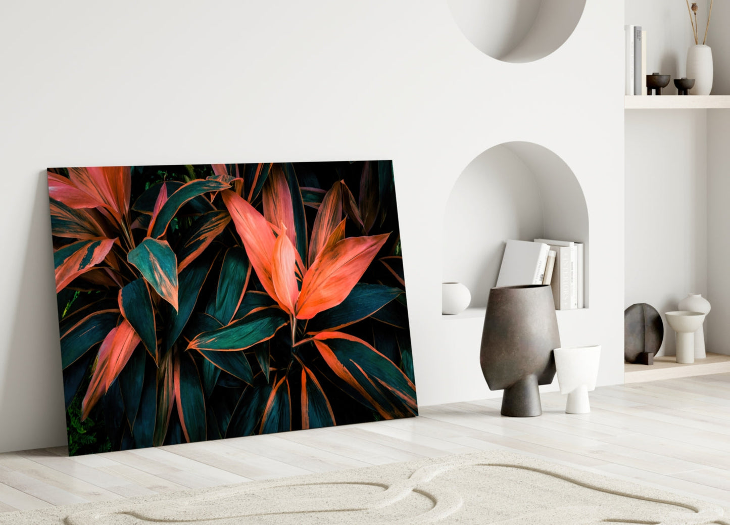 Coral Tropical Leaves Glass Wall Art