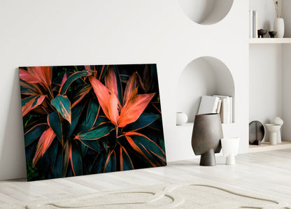 Coral Tropical Leaves Glass Wall Art