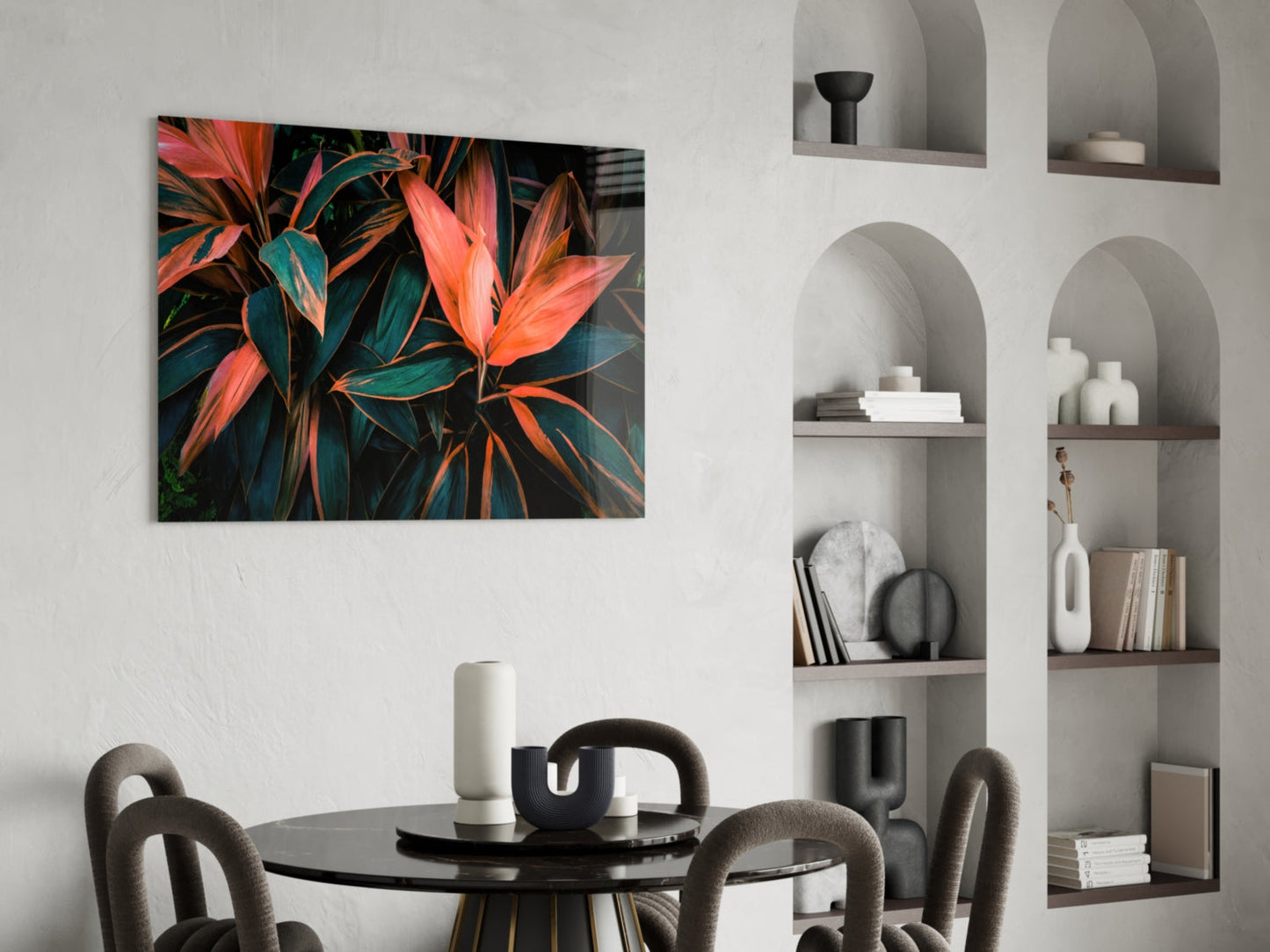 Coral Tropical Leaves Glass Wall Art