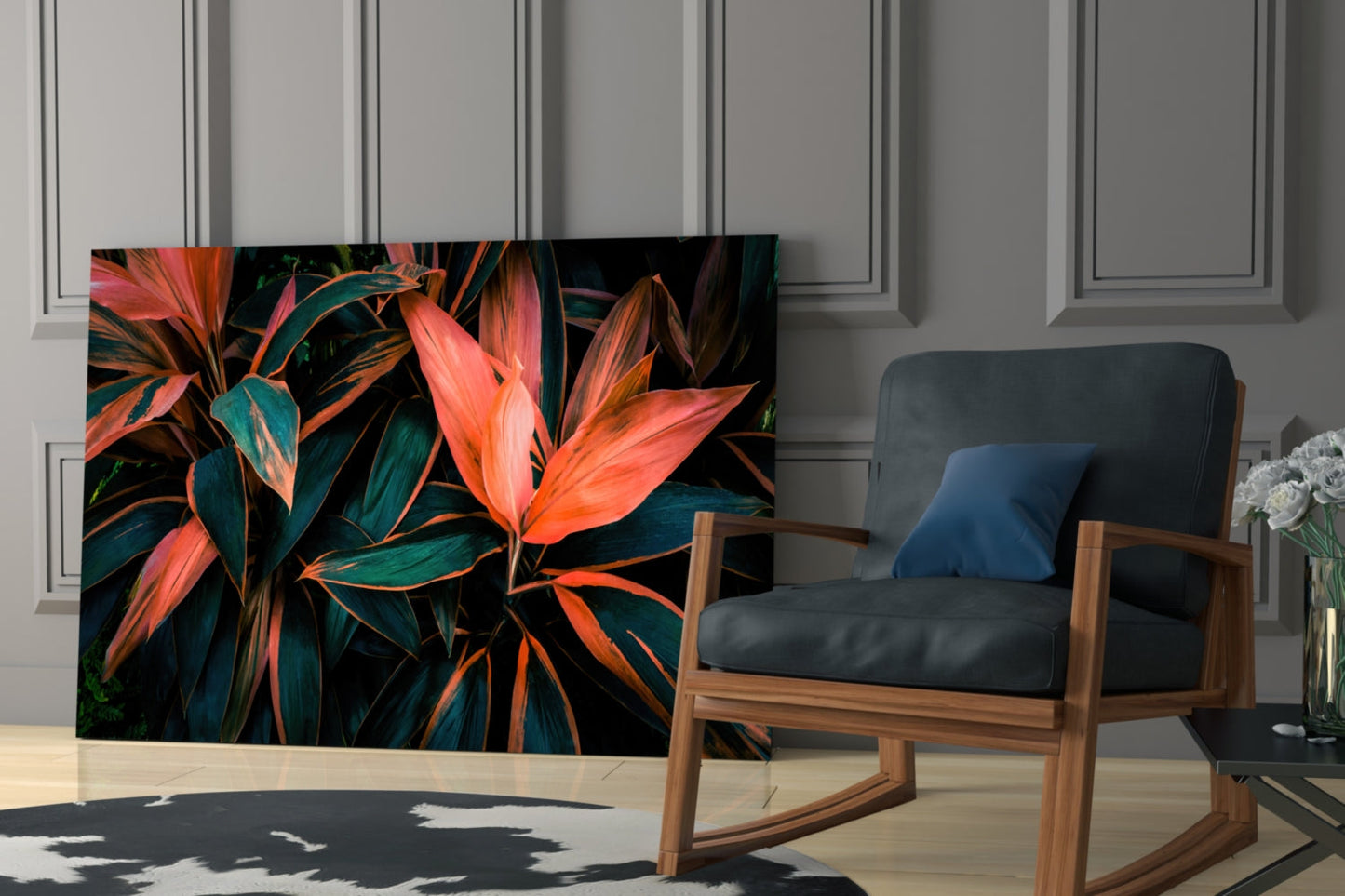 Coral Tropical Leaves Glass Wall Art