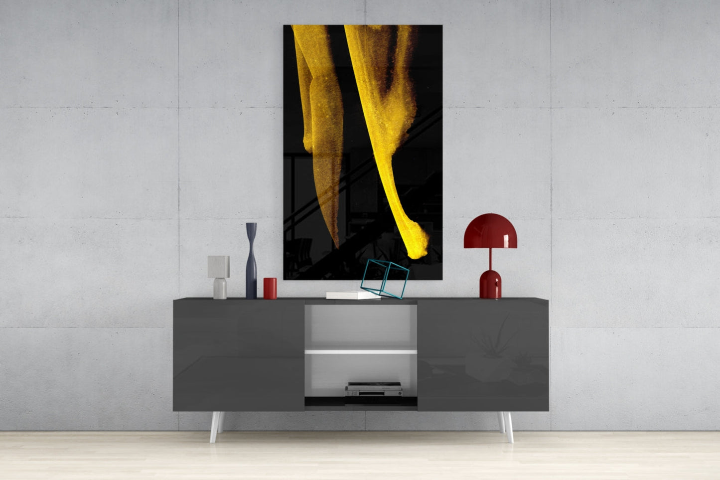 Minimal Yellow Curved Forms On Black Glass Wall Art