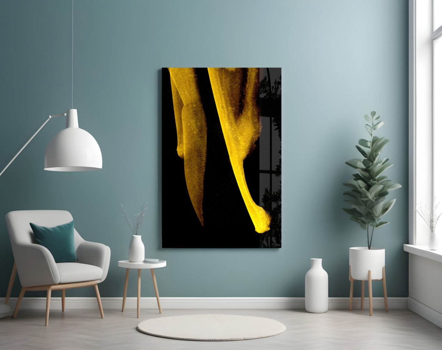 Minimal Yellow Curved Forms On Black Glass Wall Art