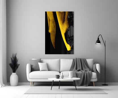 Minimal Yellow Curved Forms On Black Glass Wall Art
