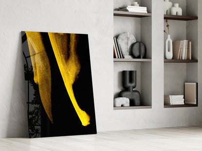 Minimal Yellow Curved Forms On Black Glass Wall Art
