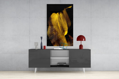 Glowing Golden Petal Macro On Black Glass Wall Art