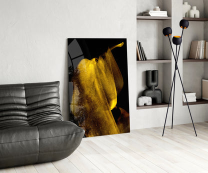 Glowing Golden Petal Macro On Black Glass Wall Art