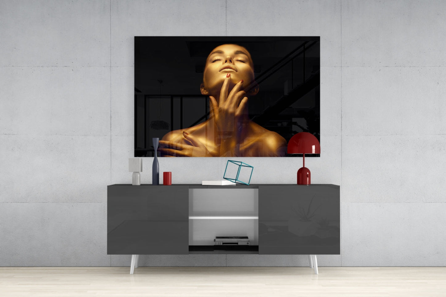 Golden Skin Neck Pose Woman Glass Wall Art