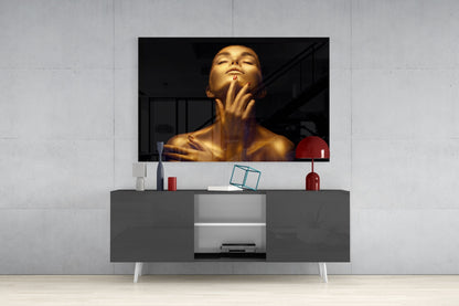 Golden Skin Neck Pose Woman Glass Wall Art