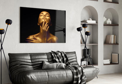 Golden Skin Neck Pose Woman Glass Wall Art