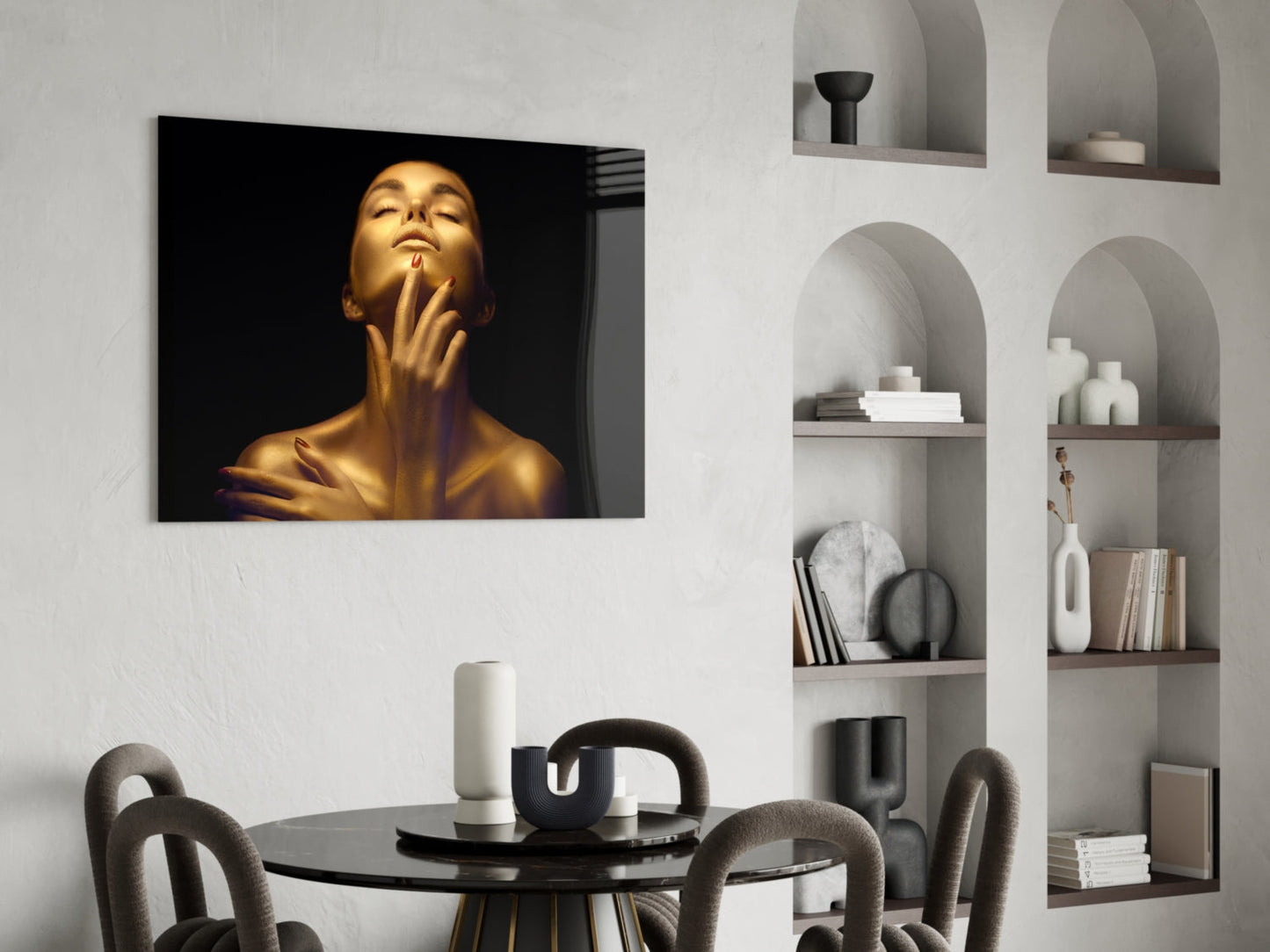 Golden Skin Neck Pose Woman Glass Wall Art