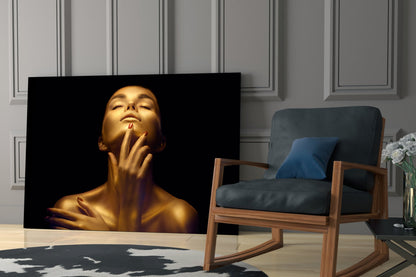Golden Skin Neck Pose Woman Glass Wall Art
